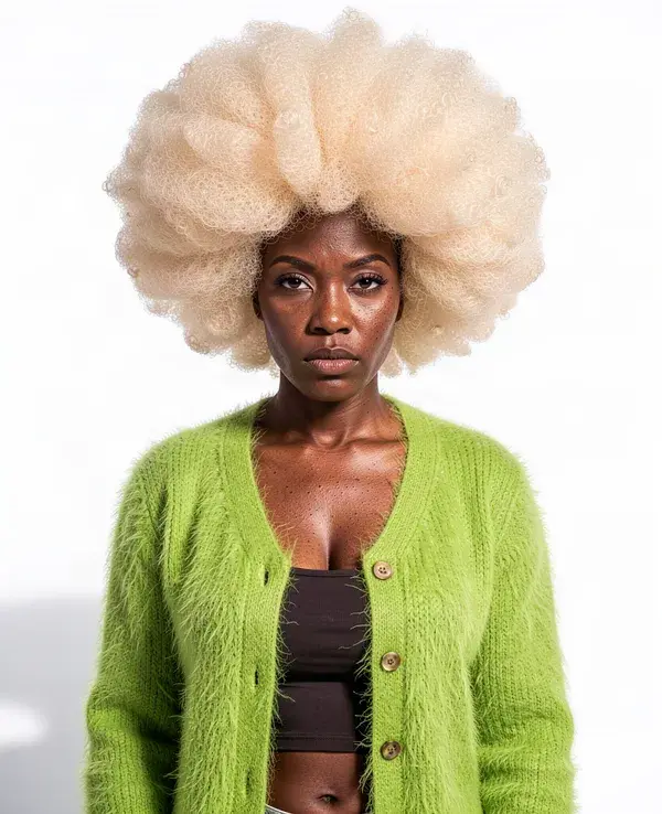 AI influencer with a giant cream-blonde afro and a mohair cardigan