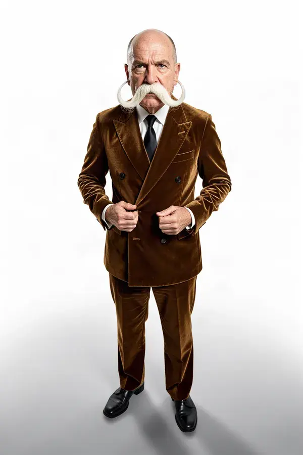 AI influencer with an enormous white handlebar moustache in a velvet suit