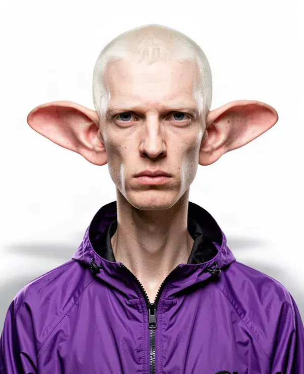 AI influencer with a bleached buzz cut and very large ears