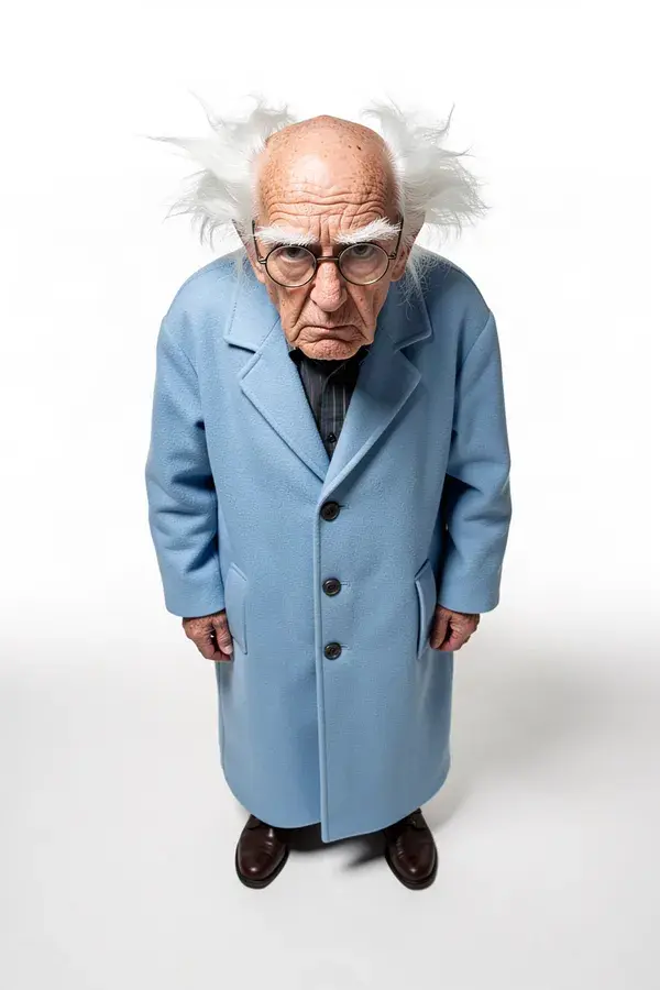 Elderly AI influencer with wild white hair in an oversized blue coat