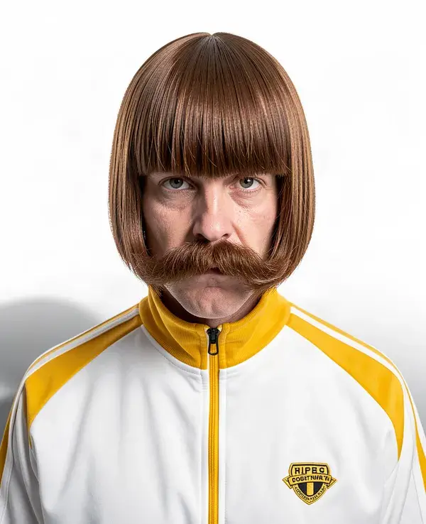 AI influencer with a helmet bob haircut and walrus moustache