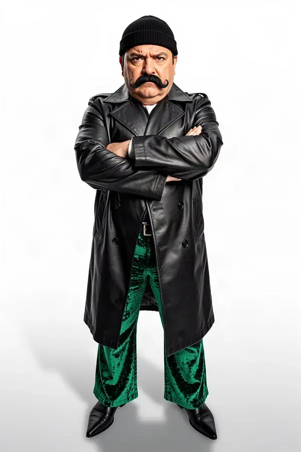AI influencer in a leather trench coat and green velvet flares