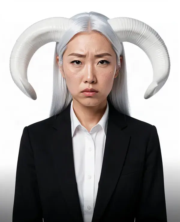 AI influencer with white hair sculpted into two horns
