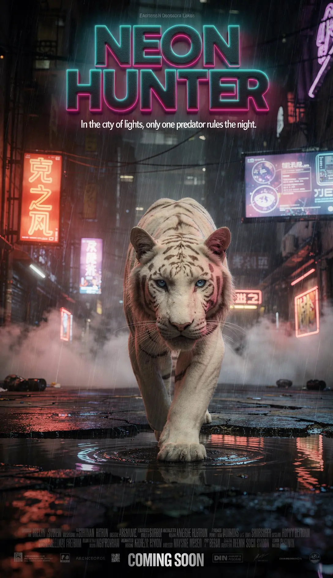 Turn the tiger into a cyberpunk movie poster